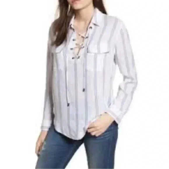 Rails Matea Flamenco Stripe Linen  Blend Pockets Shirt Blouse Sz M - Picture 3 of 15